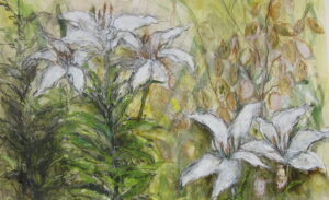 Movement is suggested by broken, layered expressive marks and brushstrokes