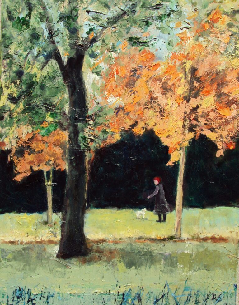 Lone woman in a coat and hat walking her small dog.