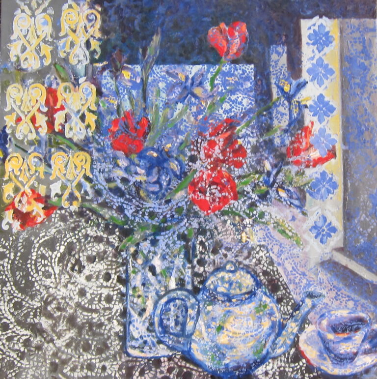 One cup and tea pot, behind a pattern veil suggest isolation, cut off from outside space.